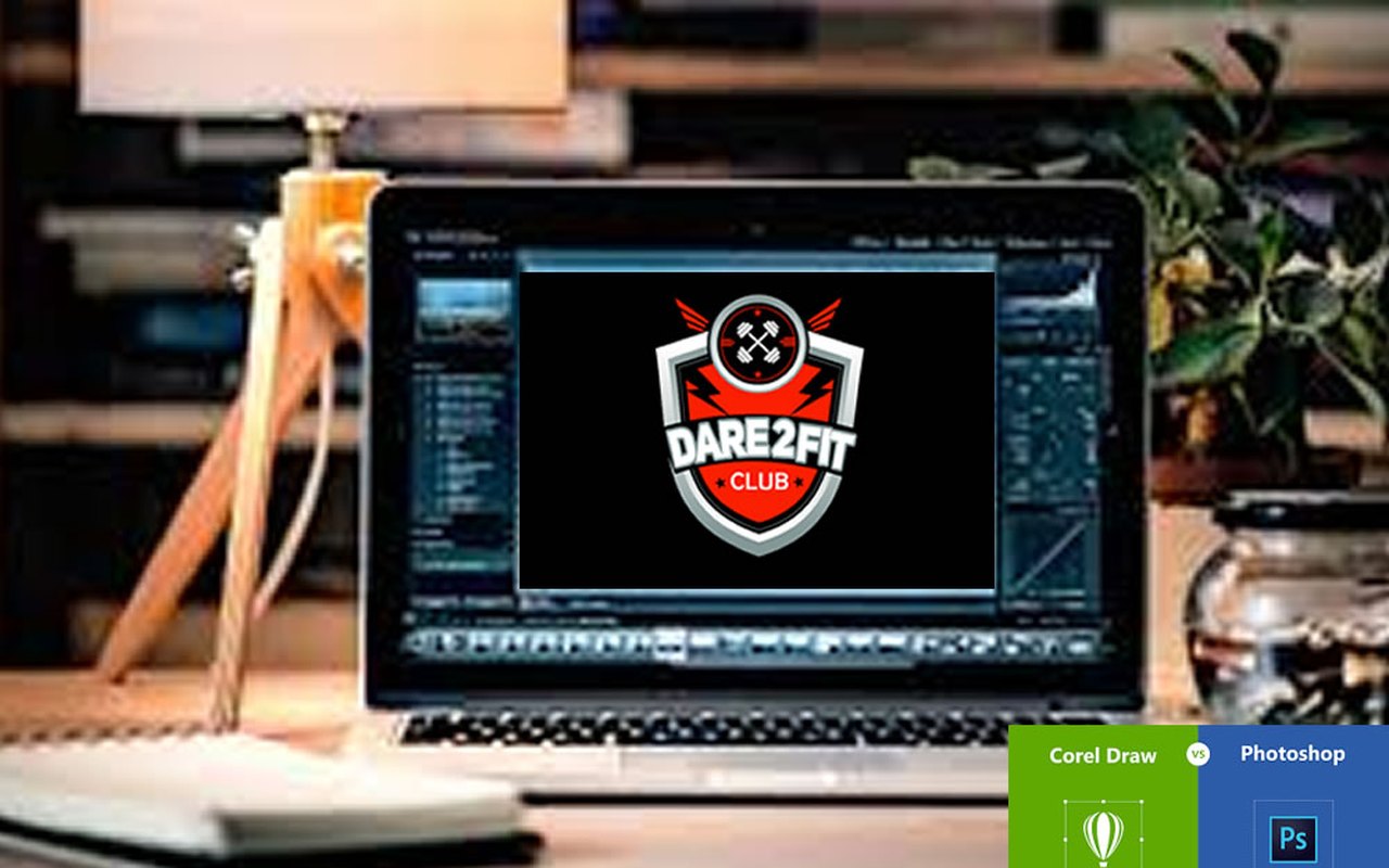 Laptop showing logo design work with CorelDRAW and Photoshop for corporate branding training