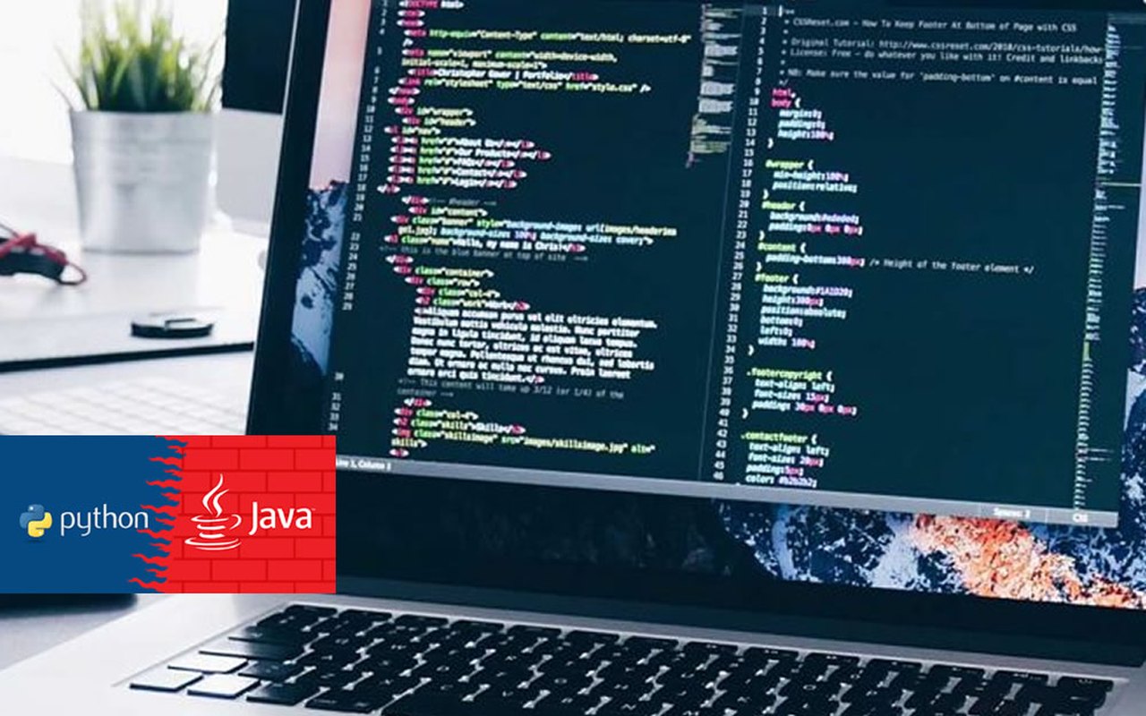 Laptop showing HTML and CSS code with Python and Java logos for programming fundamentals training